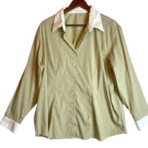 BEIGE AND WHITE PINSTRIPE BLOUSE WHITE COLLAR AND CUFFS (SEE MEASUREMENTS)